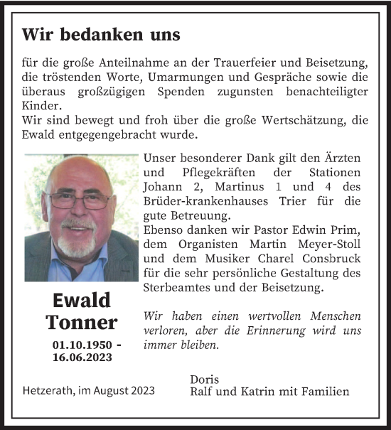 Traueranzeige von Ewald Tonner von trierischer_volksfreund