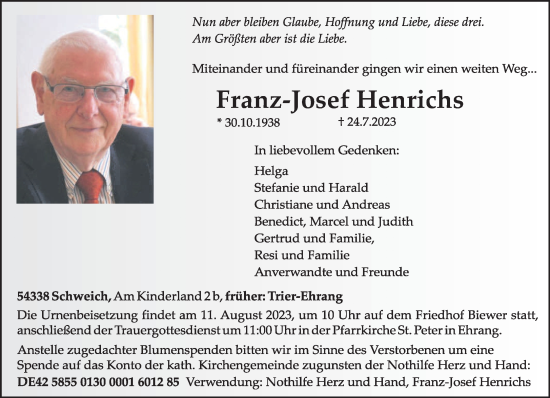 Traueranzeige von Franz-Josef Henrichs von trierischer_volksfreund