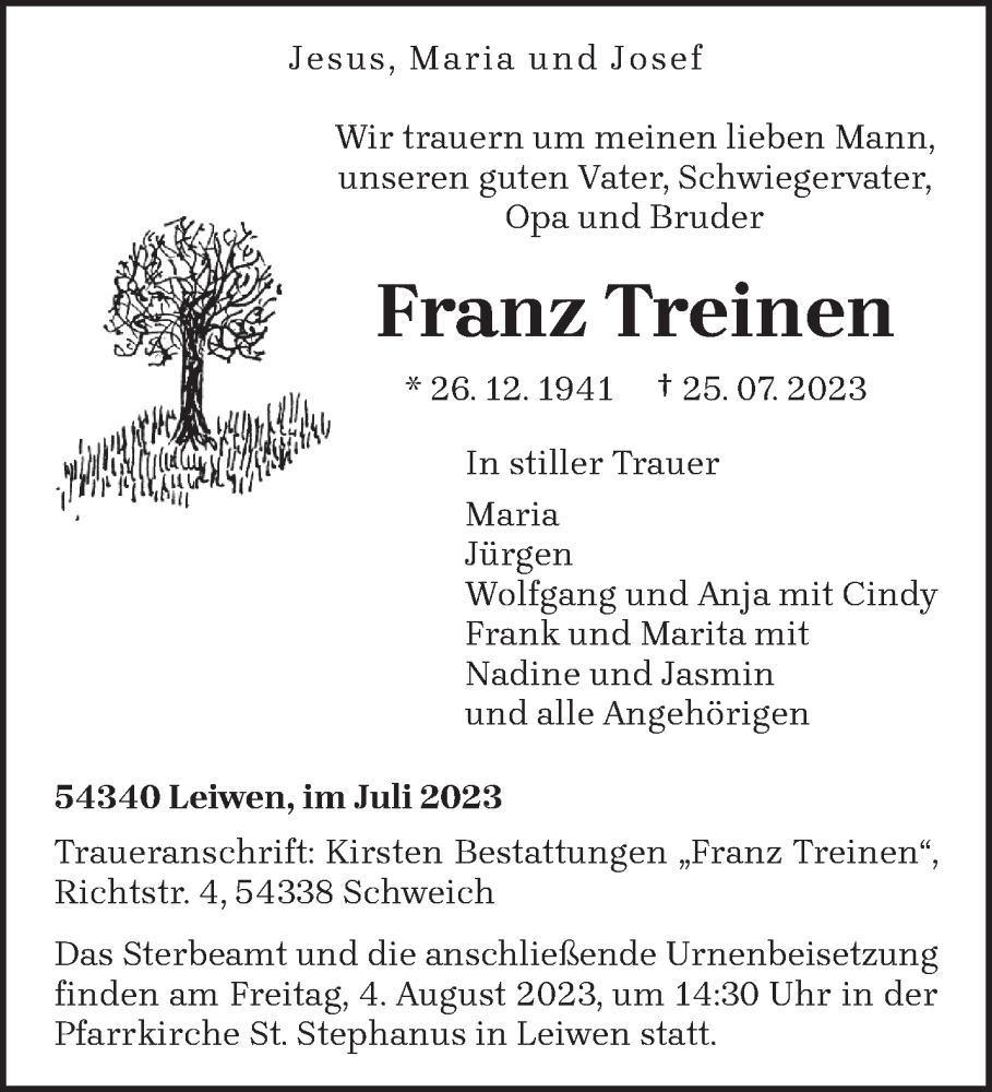  Traueranzeige für Franz Treinen vom 31.07.2023 aus trierischer_volksfreund