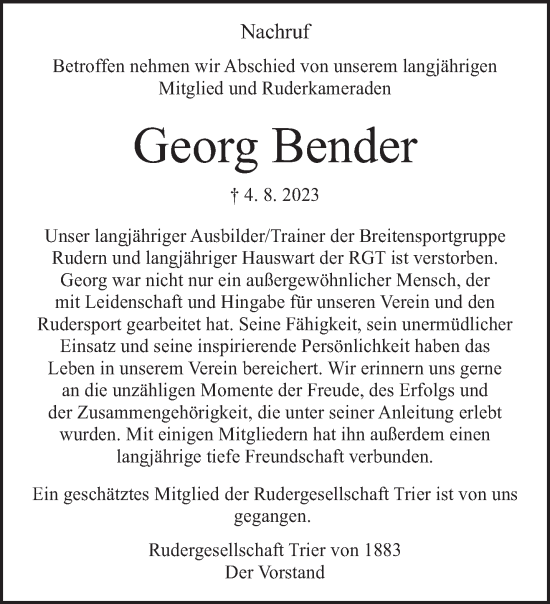 Traueranzeige von Georg Bender von trierischer_volksfreund
