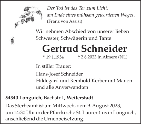 Traueranzeige von Gertrud Schneider von trierischer_volksfreund