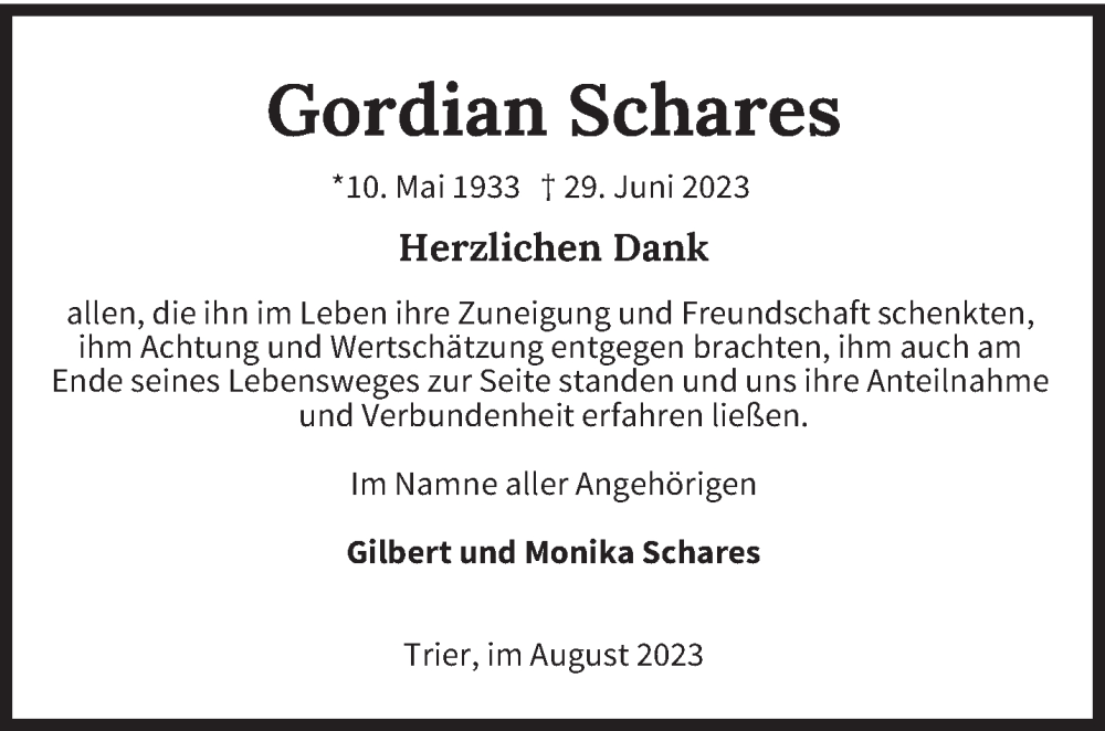  Traueranzeige für Gordian Schares vom 19.08.2023 aus trierischer_volksfreund