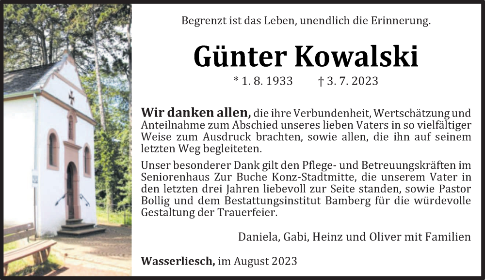  Traueranzeige für Günter Kowalski vom 26.08.2023 aus trierischer_volksfreund