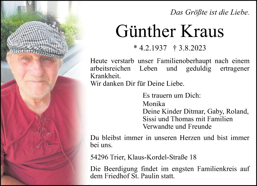  Traueranzeige für Günther Kraus vom 12.08.2023 aus trierischer_volksfreund