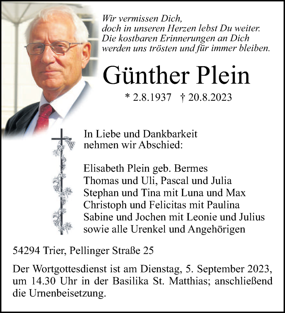  Traueranzeige für Günther Plein vom 26.08.2023 aus trierischer_volksfreund