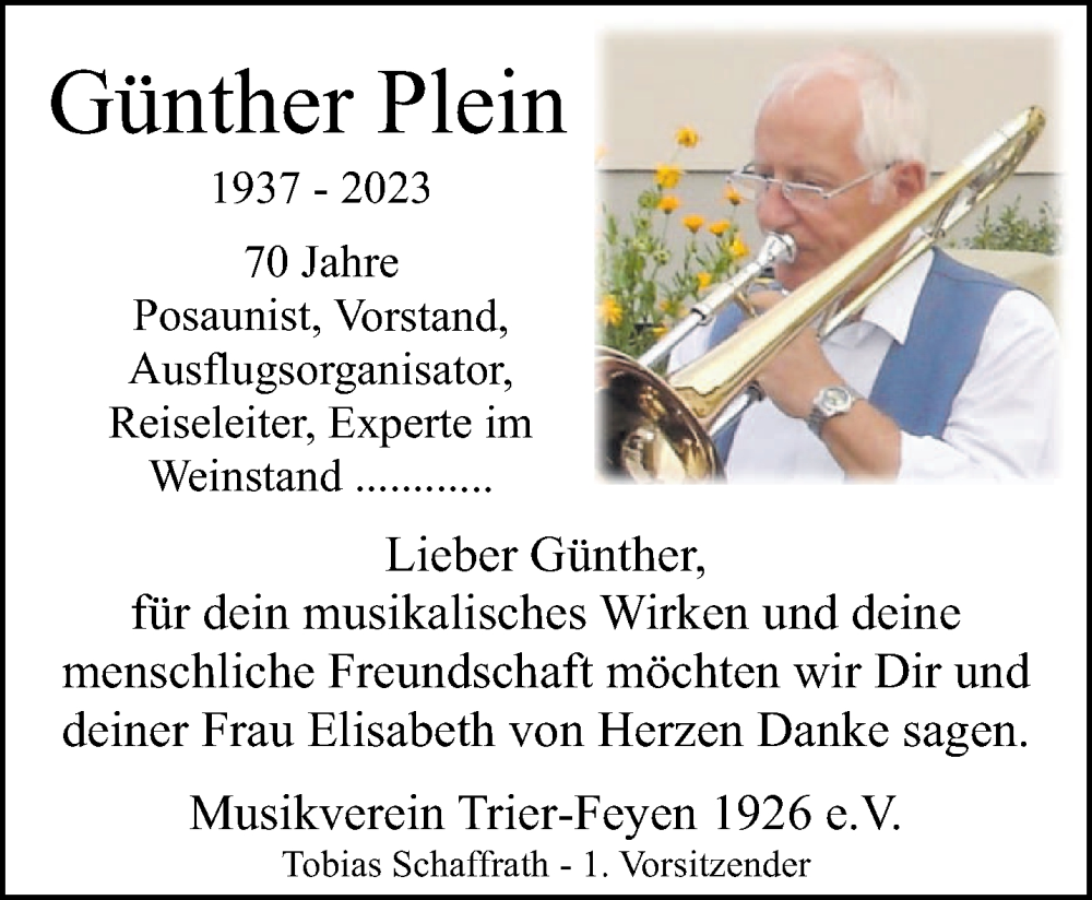  Traueranzeige für Günther Plein vom 26.08.2023 aus trierischer_volksfreund