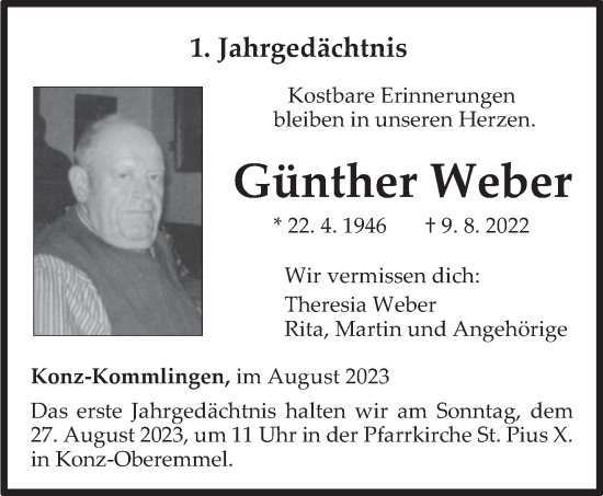 Traueranzeige von Günther Weber von trierischer_volksfreund