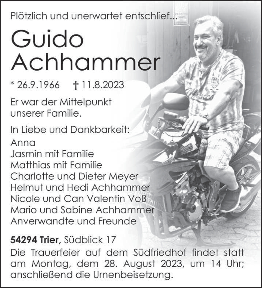  Traueranzeige für Guido Achhammer vom 19.08.2023 aus trierischer_volksfreund