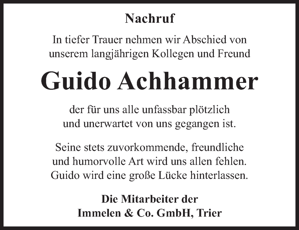  Traueranzeige für Guido Achhammer vom 28.08.2023 aus trierischer_volksfreund