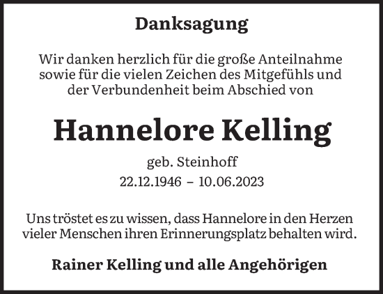 Traueranzeige von Hannelore Kelling von trierischer_volksfreund