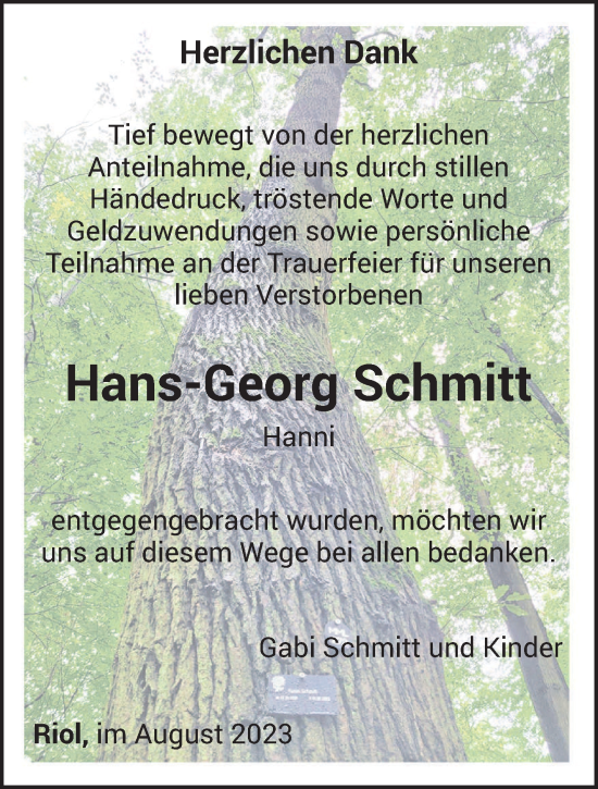Traueranzeige von Hans-Georg Schmitt von trierischer_volksfreund