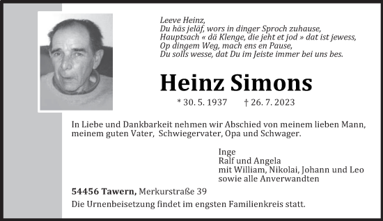 Traueranzeige von Heinz Simons von trierischer_volksfreund
