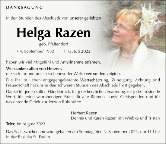 Traueranzeige von Helga Razen von trierischer_volksfreund