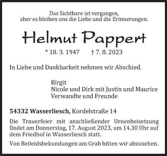 Traueranzeige von Helmut Pappert von trierischer_volksfreund