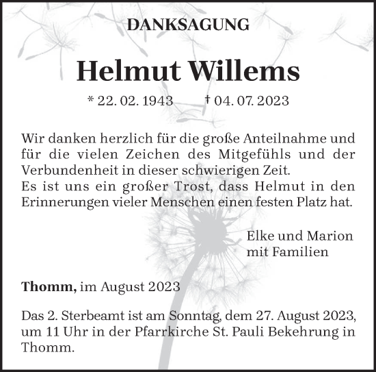 Traueranzeige von Helmut Willems von trierischer_volksfreund