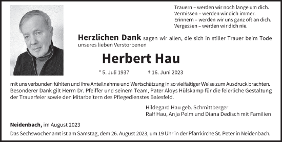Traueranzeige von Herbert Hau von trierischer_volksfreund