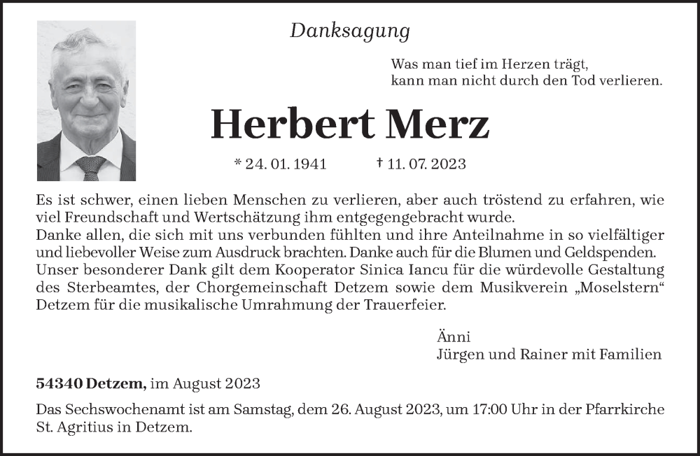  Traueranzeige für Herbert Merz vom 19.08.2023 aus trierischer_volksfreund