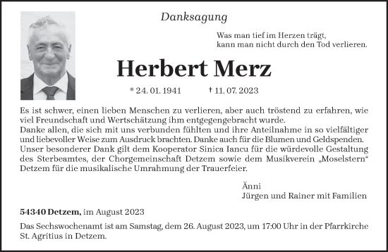 Traueranzeige von Herbert Merz von trierischer_volksfreund