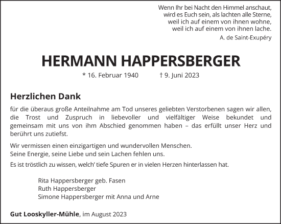 Traueranzeige von Hermann Happersberger von trierischer_volksfreund
