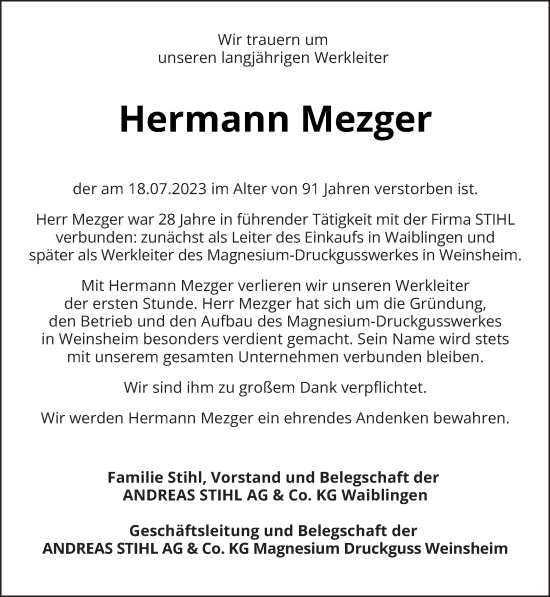 Traueranzeige von Hermann Mezger von trierischer_volksfreund