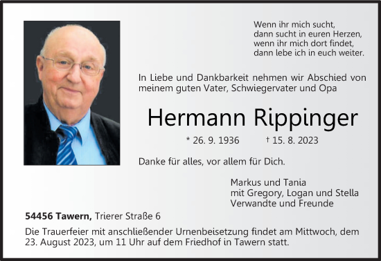 Traueranzeige von Hermann Rippinger von trierischer_volksfreund