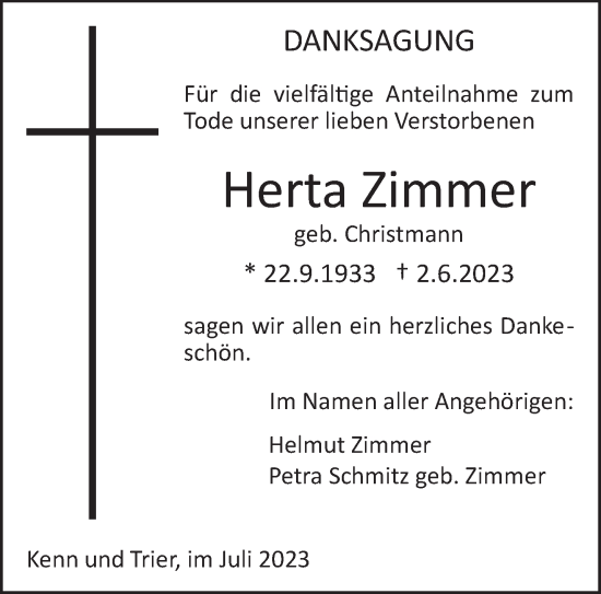 Traueranzeige von Herta Zimmer von trierischer_volksfreund