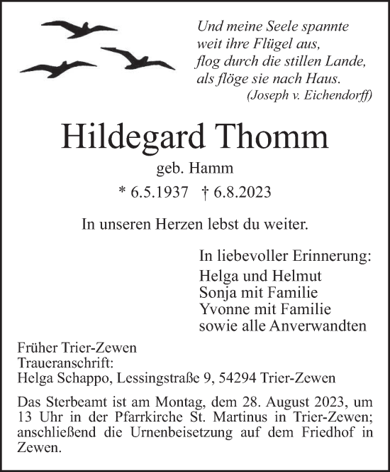 Traueranzeige von Hildegard Thomm von trierischer_volksfreund