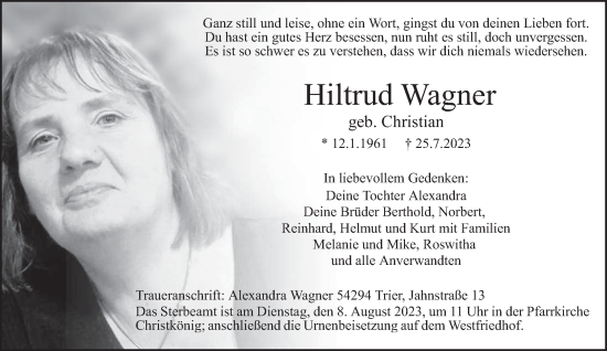 Traueranzeige von Hiltrud Wagner von trierischer_volksfreund