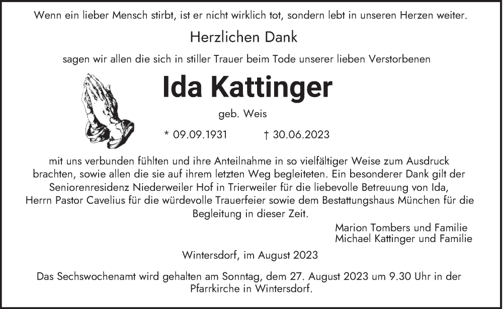  Traueranzeige für Ida Kattinger vom 19.08.2023 aus trierischer_volksfreund