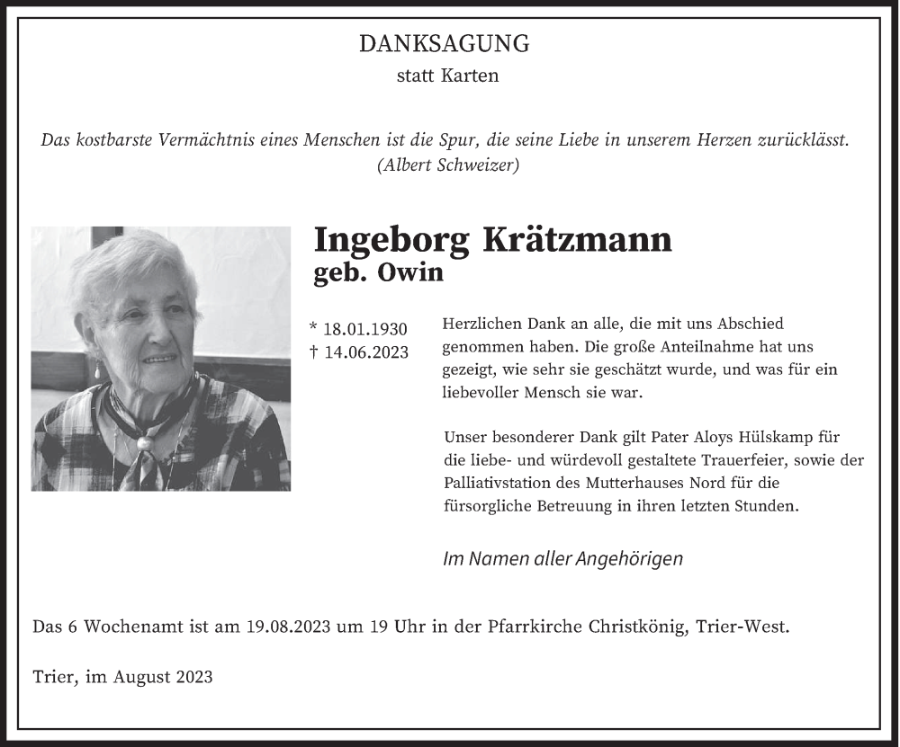 Traueranzeige für Ingeborg Krätzmann vom 12.08.2023 aus trierischer_volksfreund