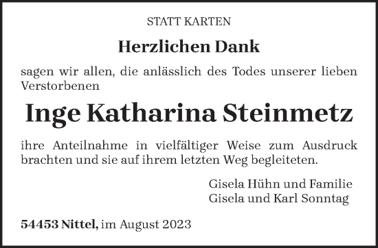 Traueranzeige von Inge Katharina Steinmetz von trierischer_volksfreund