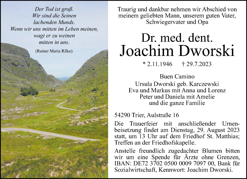 Traueranzeige für Joachim Dworski vom 26.08.2023 aus trierischer_volksfreund
