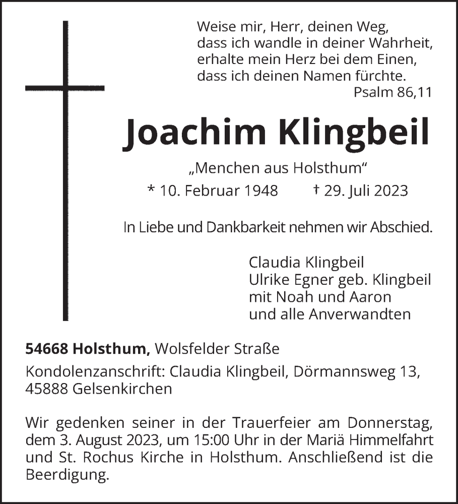 Traueranzeige für Joachim Klingbeil vom 01.08.2023 aus trierischer_volksfreund
