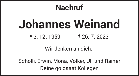 Traueranzeige von Johannes Weinand von trierischer_volksfreund
