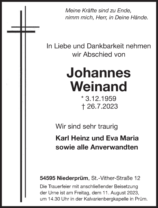 Traueranzeige von Johannes Weinand von trierischer_volksfreund