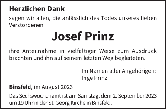 Traueranzeige von Josef Prinz von trierischer_volksfreund