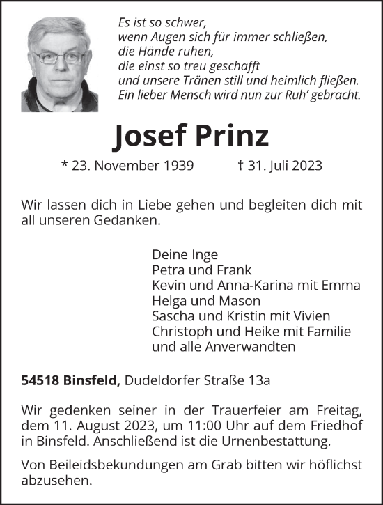 Traueranzeige von Josef Prinz von trierischer_volksfreund