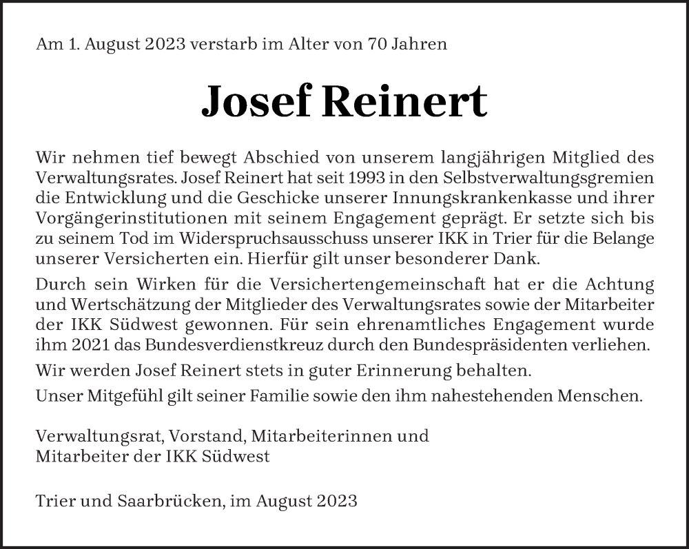  Traueranzeige für Josef Reinert vom 05.08.2023 aus trierischer_volksfreund