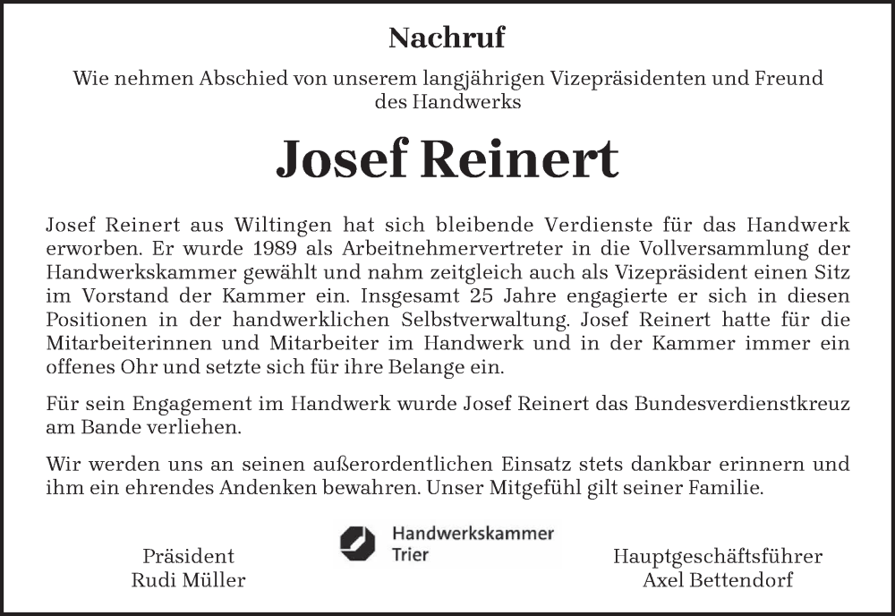  Traueranzeige für Josef Reinert vom 05.08.2023 aus trierischer_volksfreund