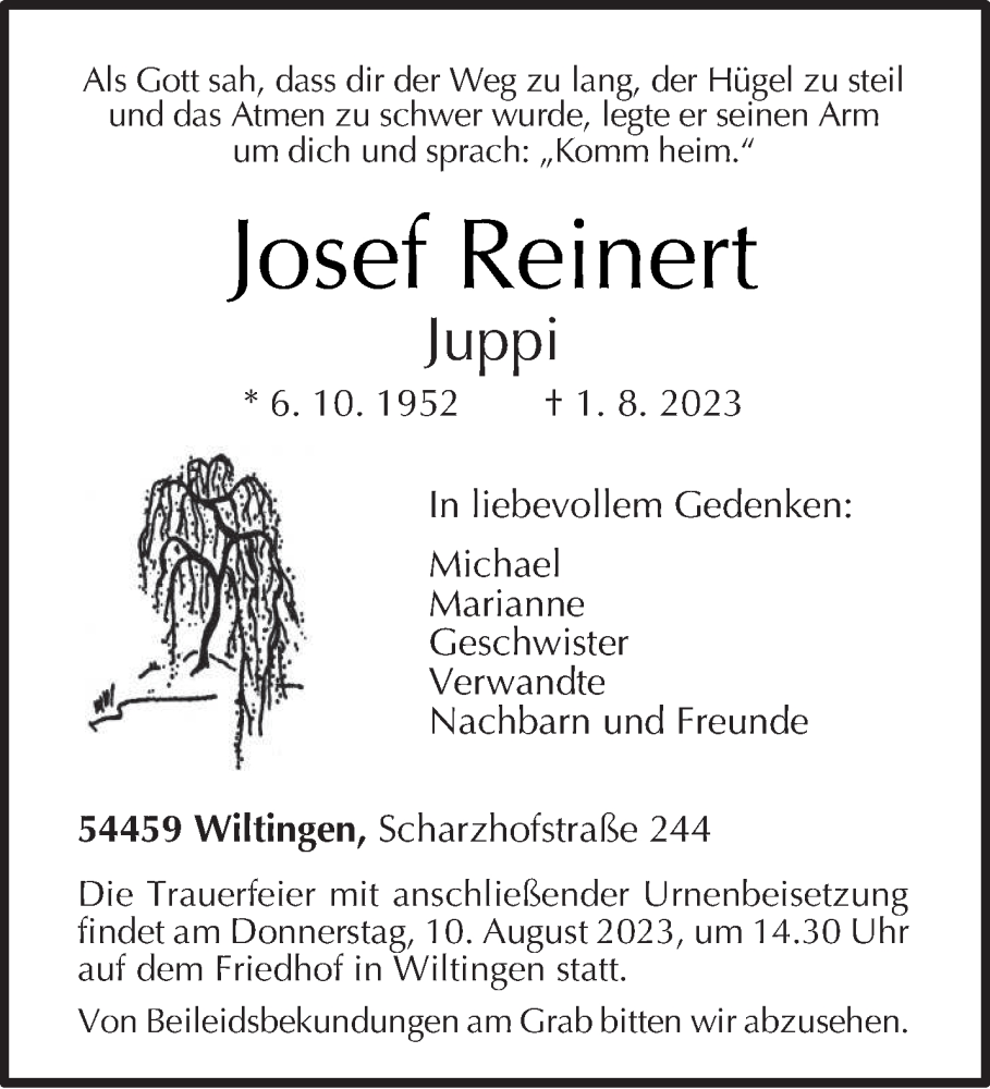  Traueranzeige für Josef Reinert vom 05.08.2023 aus trierischer_volksfreund