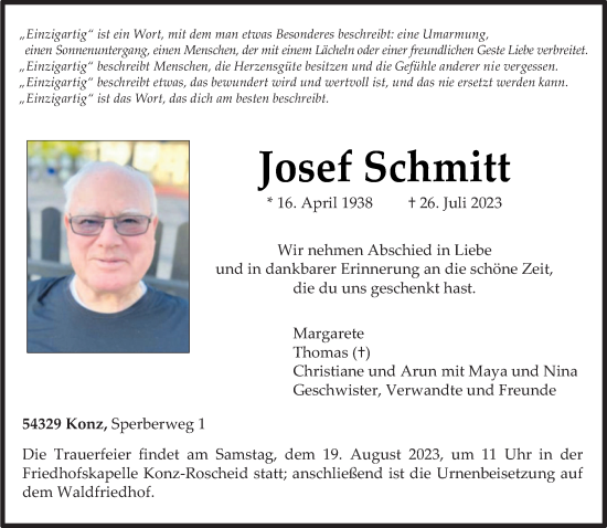 Traueranzeige von Josef Schmitt von trierischer_volksfreund