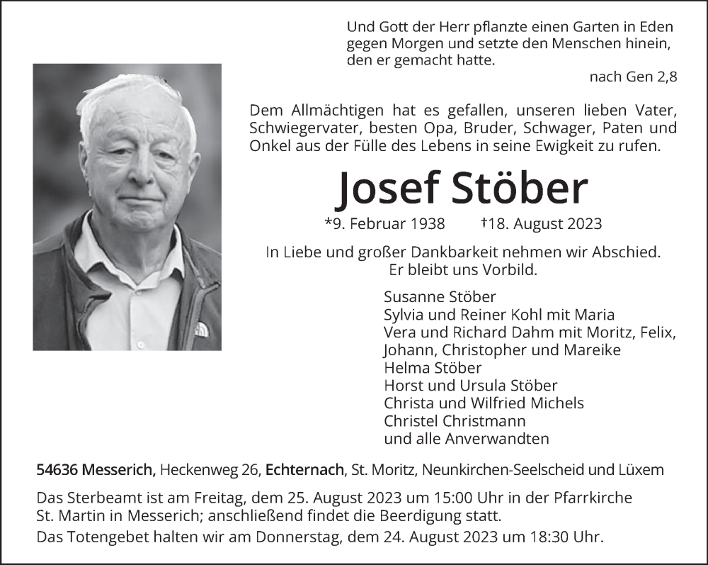  Traueranzeige für Josef Stöber vom 21.08.2023 aus trierischer_volksfreund