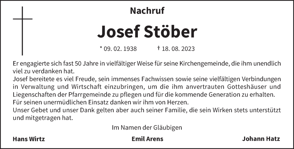  Traueranzeige für Josef Stöber vom 26.08.2023 aus trierischer_volksfreund