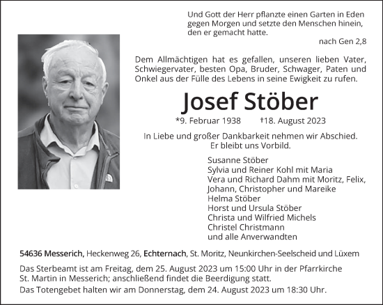 Traueranzeige von Josef Stöber von trierischer_volksfreund