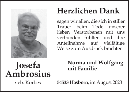 Traueranzeige von Josefa Ambrosius von trierischer_volksfreund