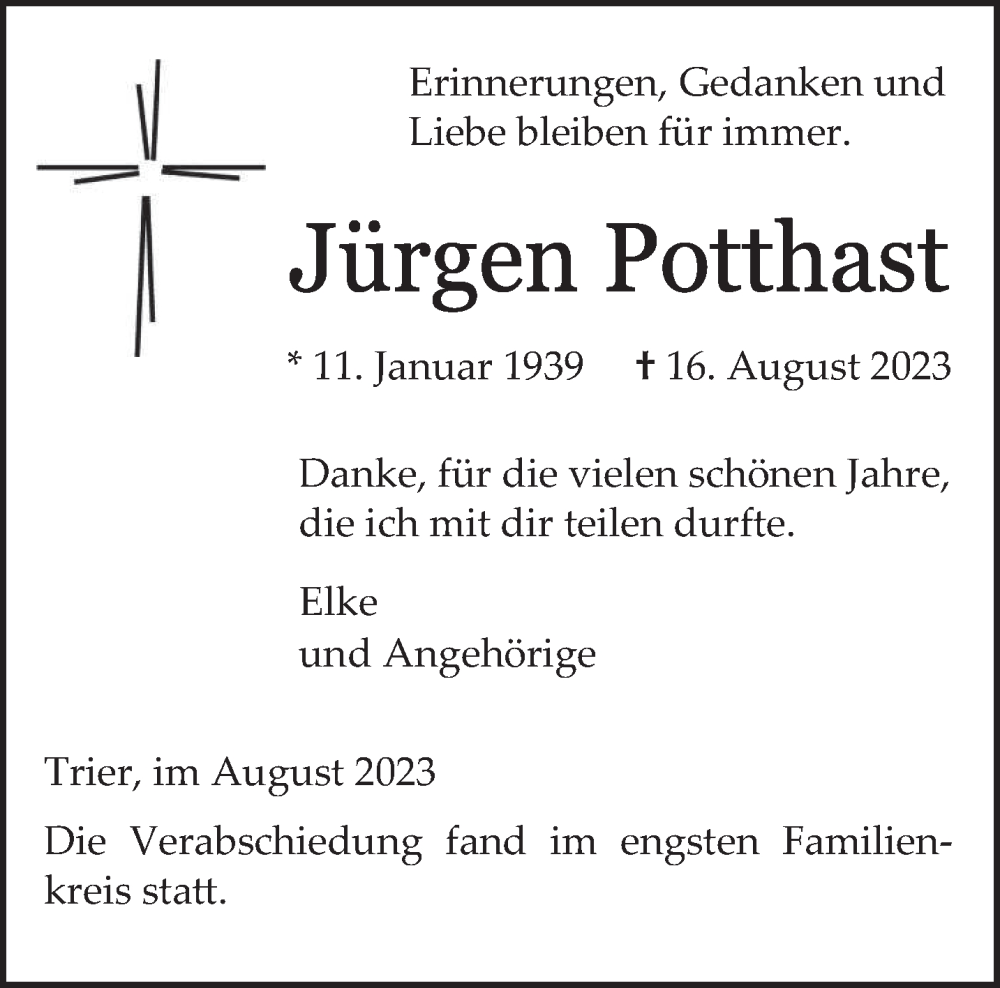  Traueranzeige für Jürgen Potthast vom 26.08.2023 aus trierischer_volksfreund