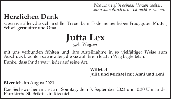 Traueranzeige von Jutta Lex von trierischer_volksfreund
