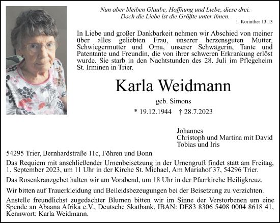 Traueranzeige von Karla Weidmann von trierischer_volksfreund