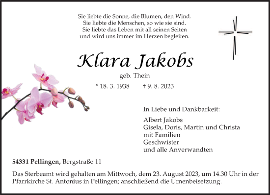 Traueranzeige von Klara Jakobs von trierischer_volksfreund