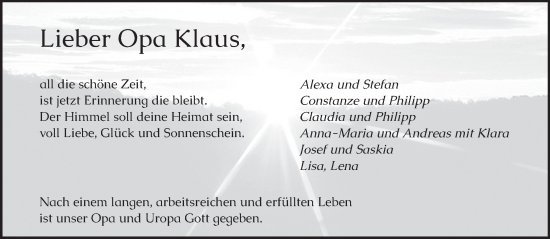 Traueranzeige von Klaus  von trierischer_volksfreund